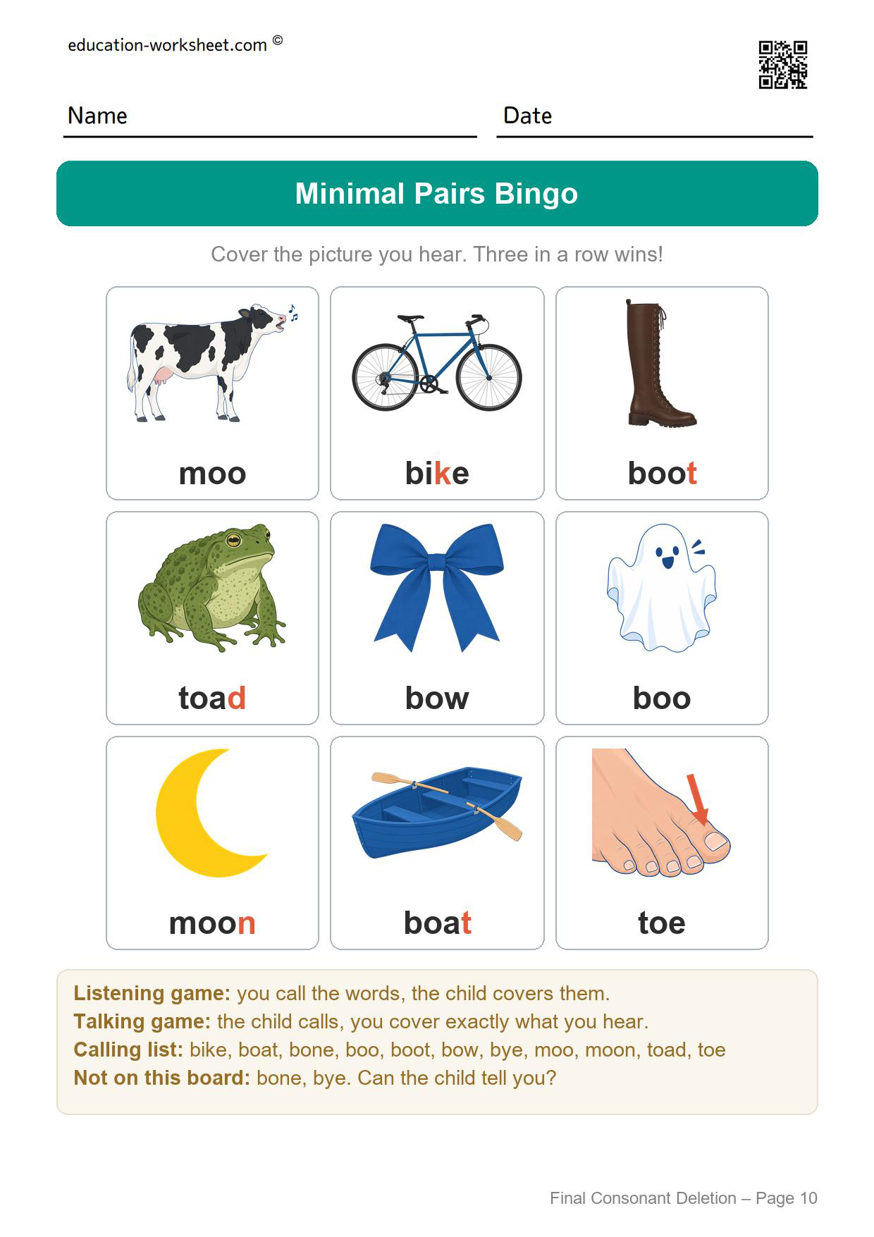 Final consonant deletion minimal pairs bingo board with nine pictures