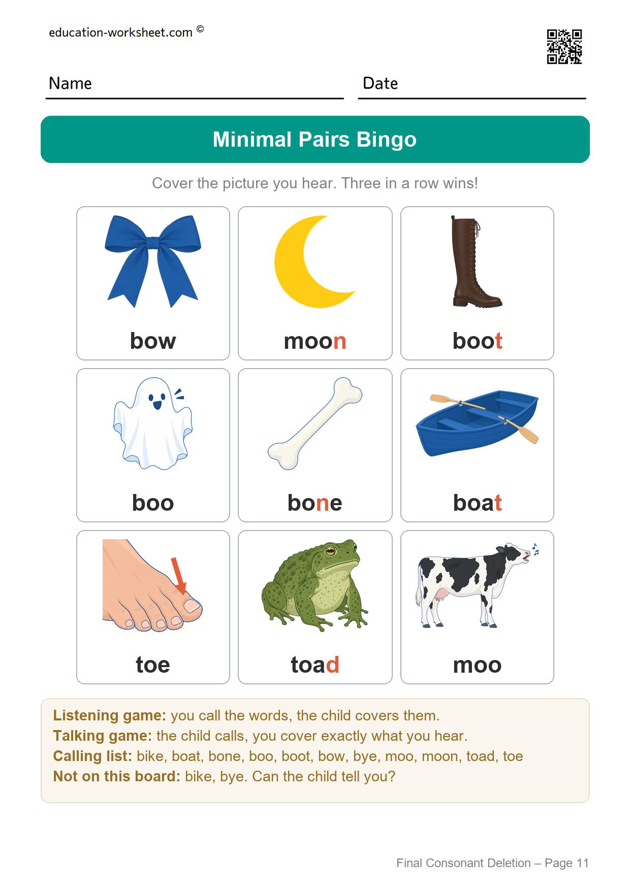 Final consonant deletion minimal pairs bingo board 2 with a different set of nine pictures