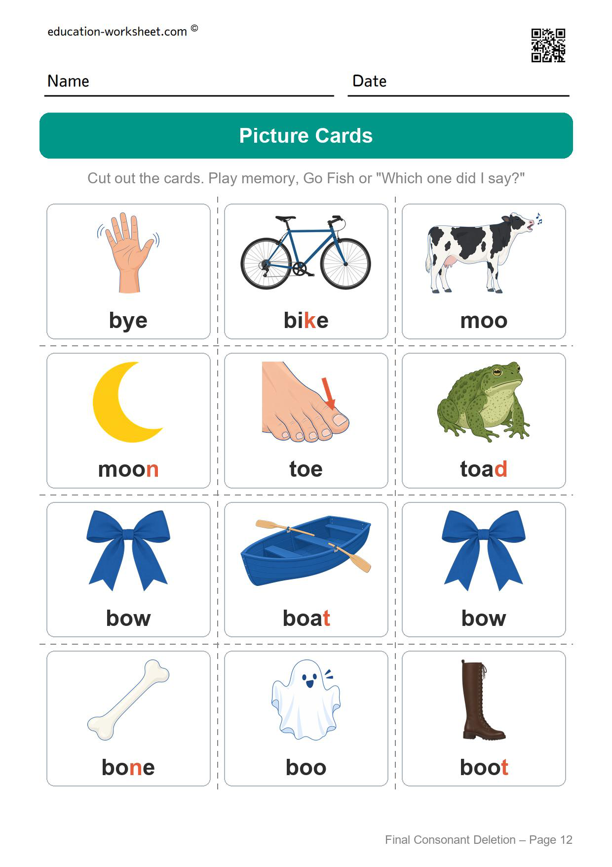 Final consonant deletion picture cards to cut out, twelve cards with the words of the six minimal pairs