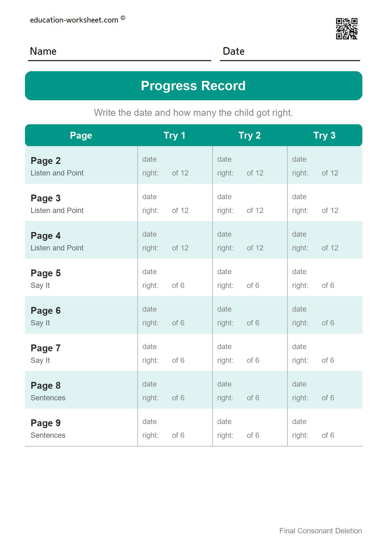 Final consonant deletion progress record for pages 2 to 9 with space for the date and number correct on three tries