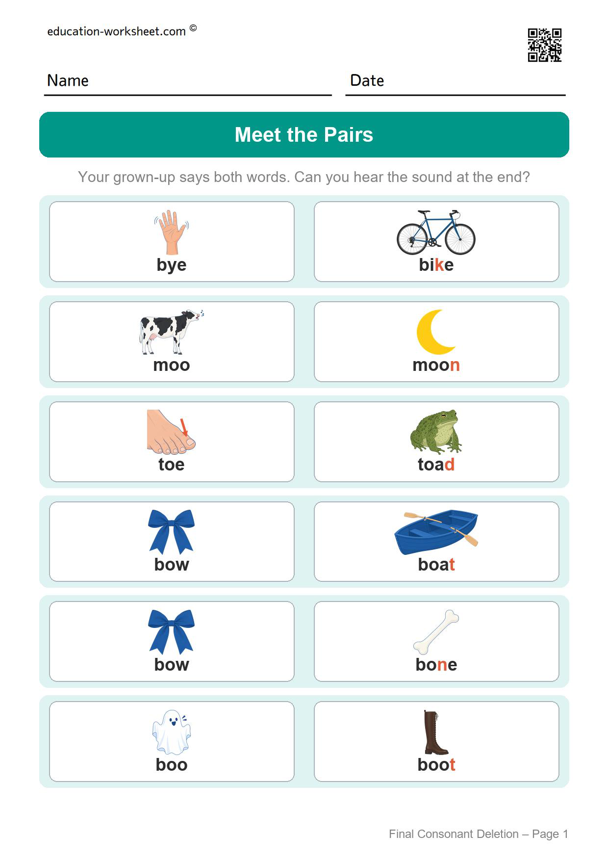 Final consonant deletion minimal pairs page 1 showing six pairs: bye and bike, moo and moon, toe and toad, bow and boat, bow and bone, boo and boot