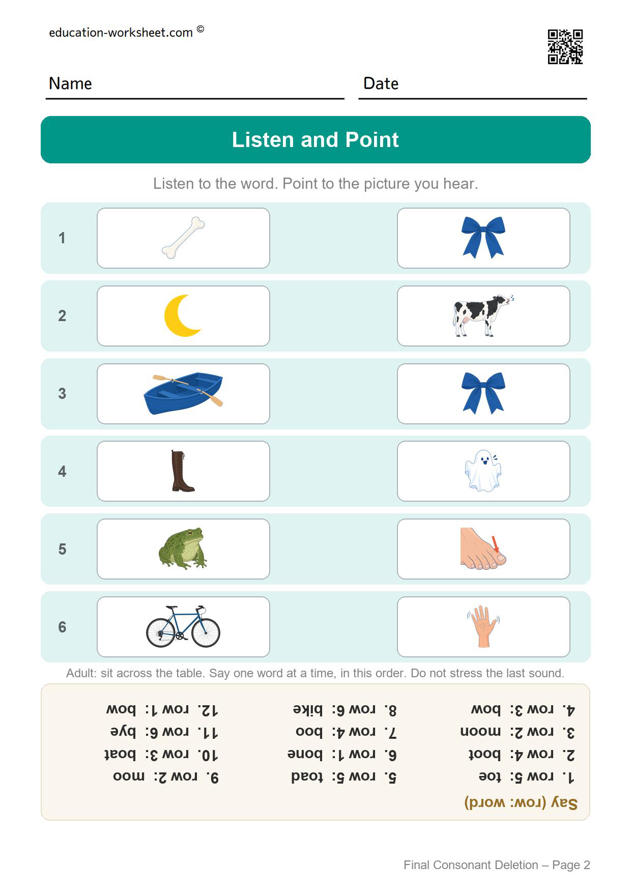 Final consonant deletion listen and point worksheet with six rows of minimal pair pictures and an upside-down word list for the adult
