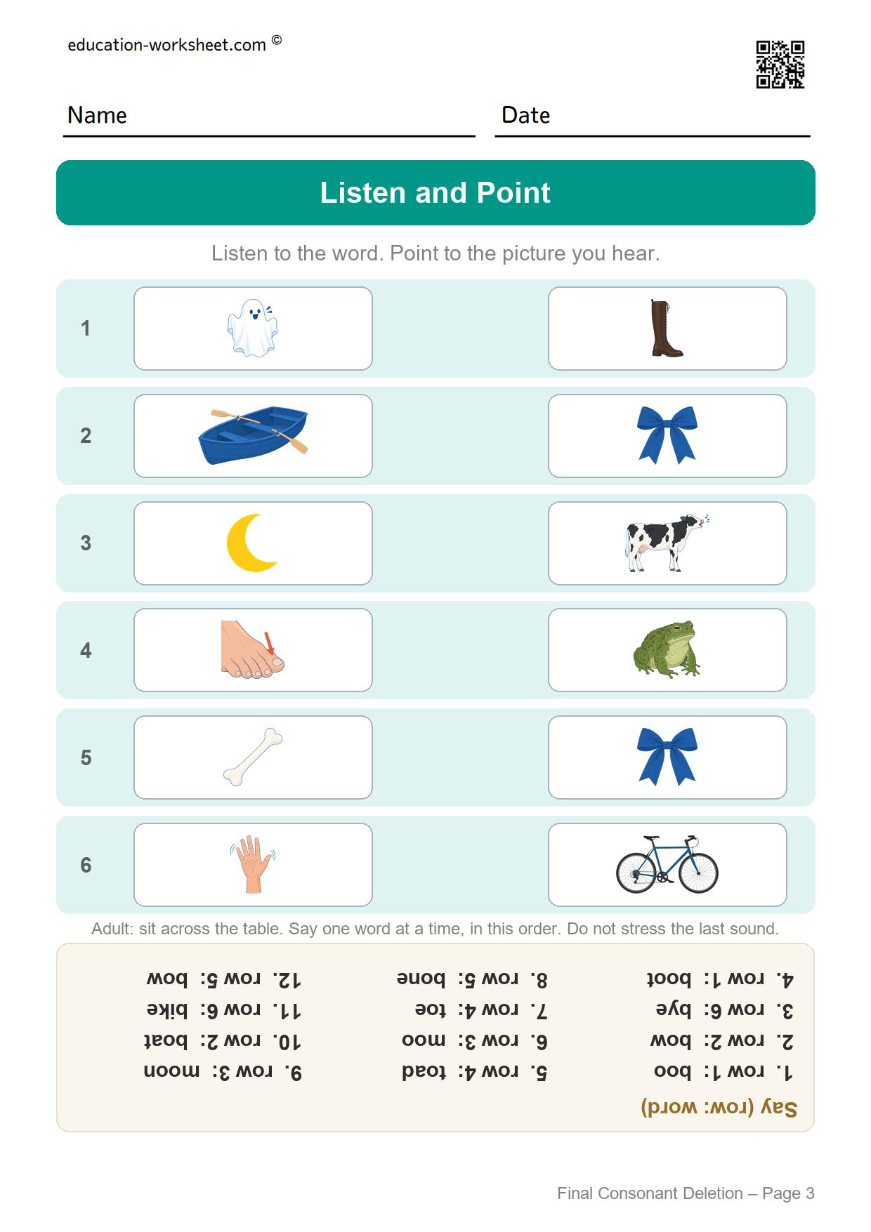Final consonant deletion listen and point worksheet set 2 with the pairs in a new order