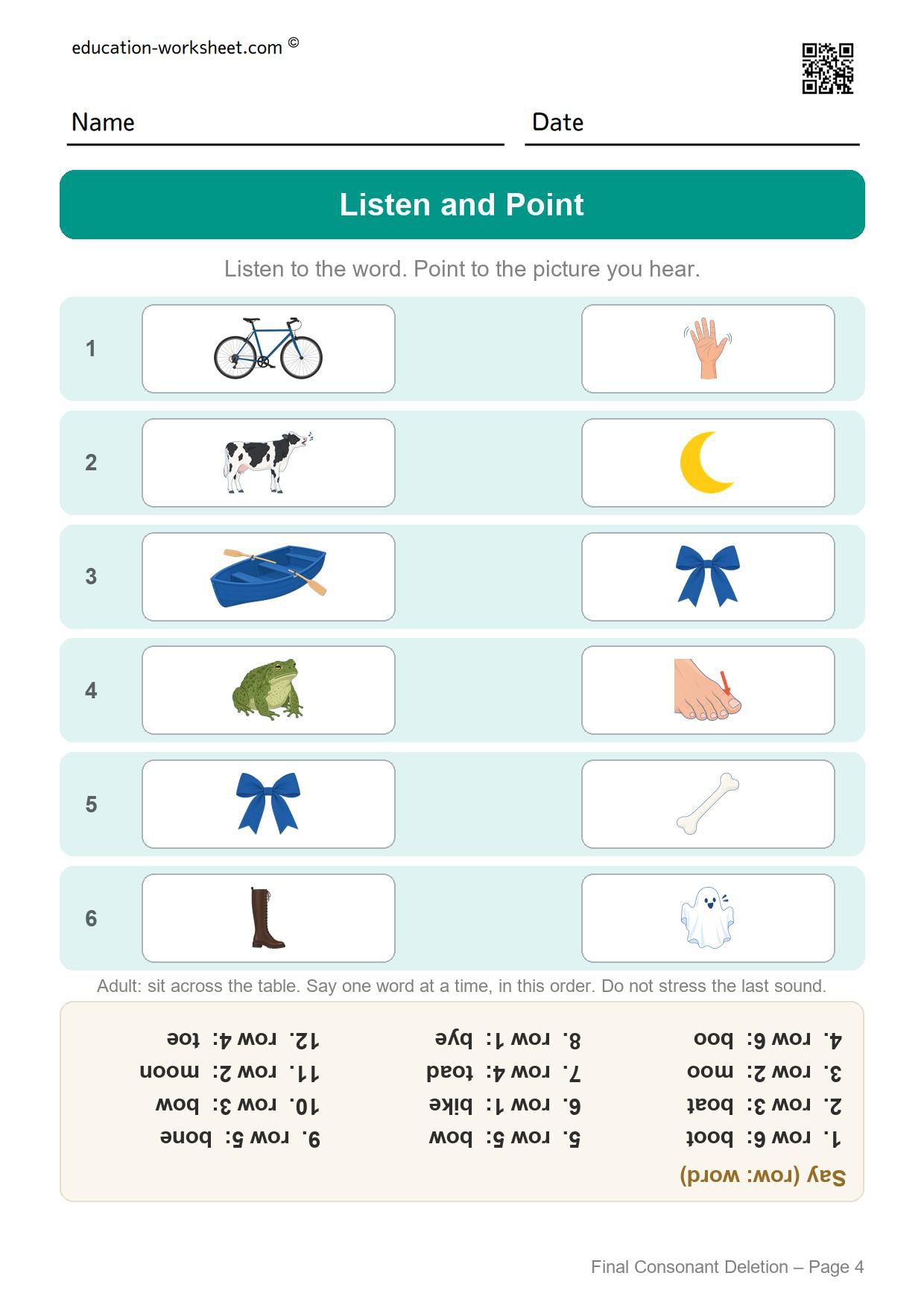 Final consonant deletion listen and point worksheet set 3 with twelve words for the adult to say
