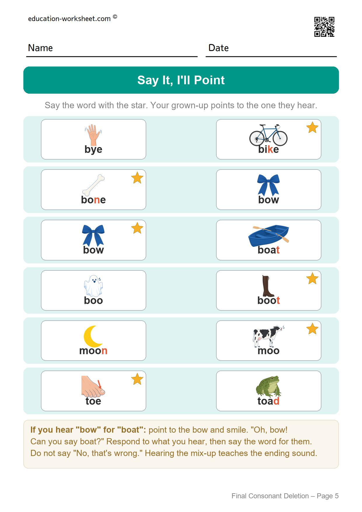 Final consonant deletion say it worksheet with six minimal pairs and a star on the word the child should say