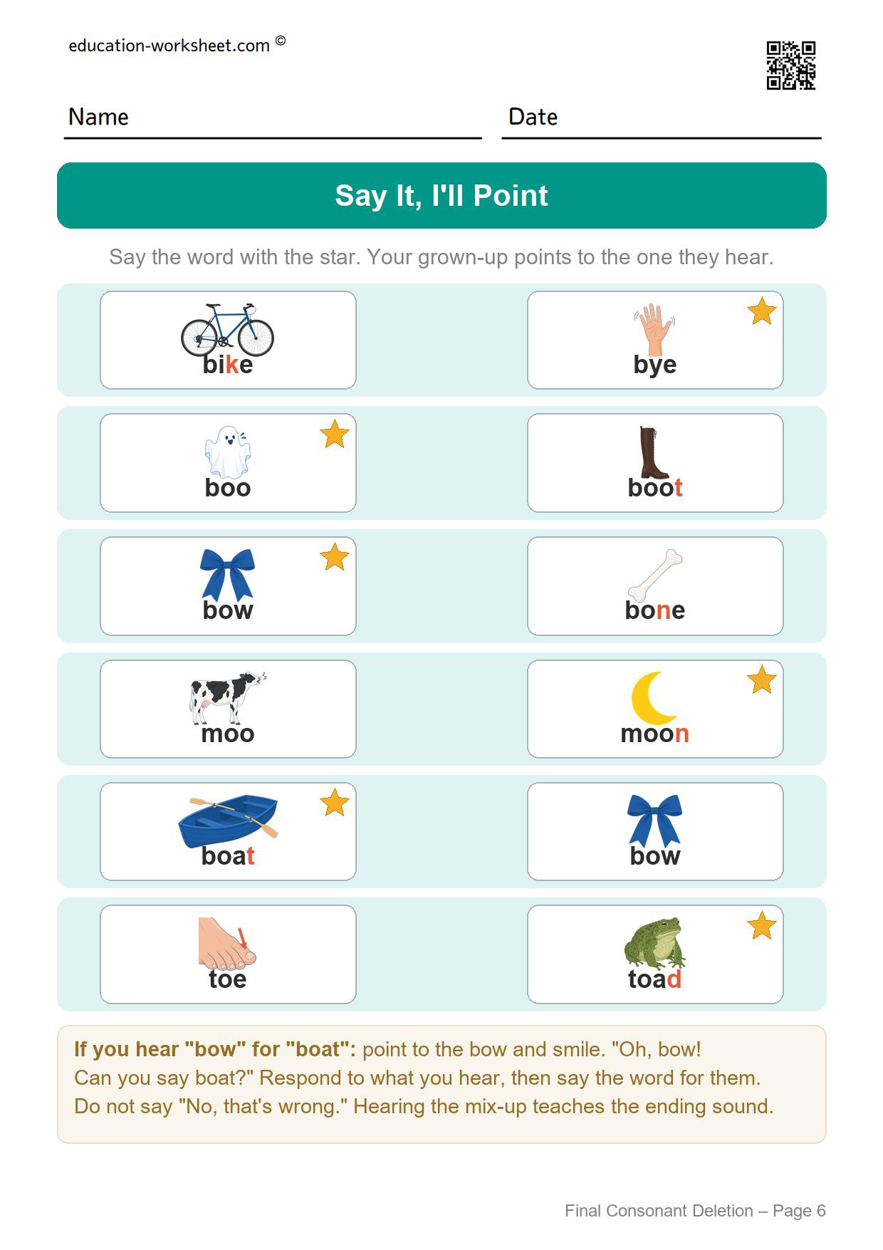 Final consonant deletion say it worksheet set 2 asking for the other word in each pair