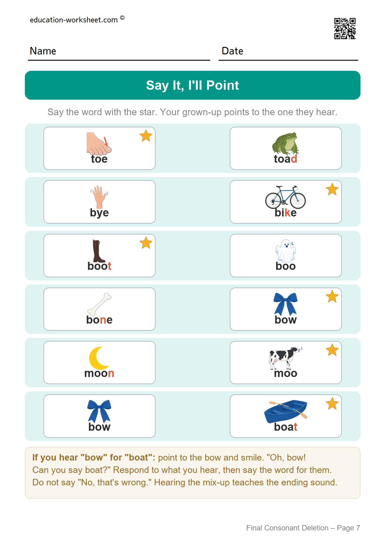 Final consonant deletion say it worksheet set 3 for extra practice