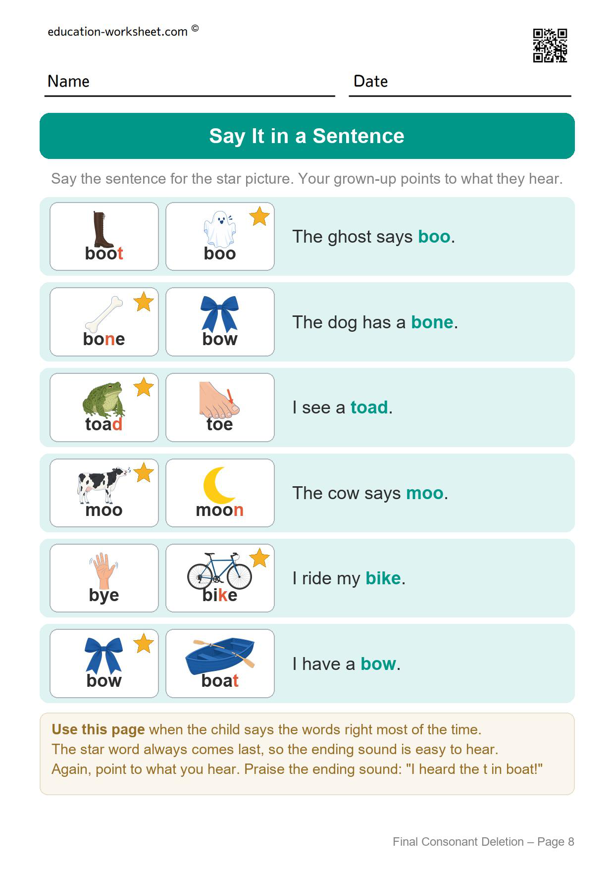 Final consonant deletion sentence worksheet with short sentences such as I ride my bike and The cow says moo