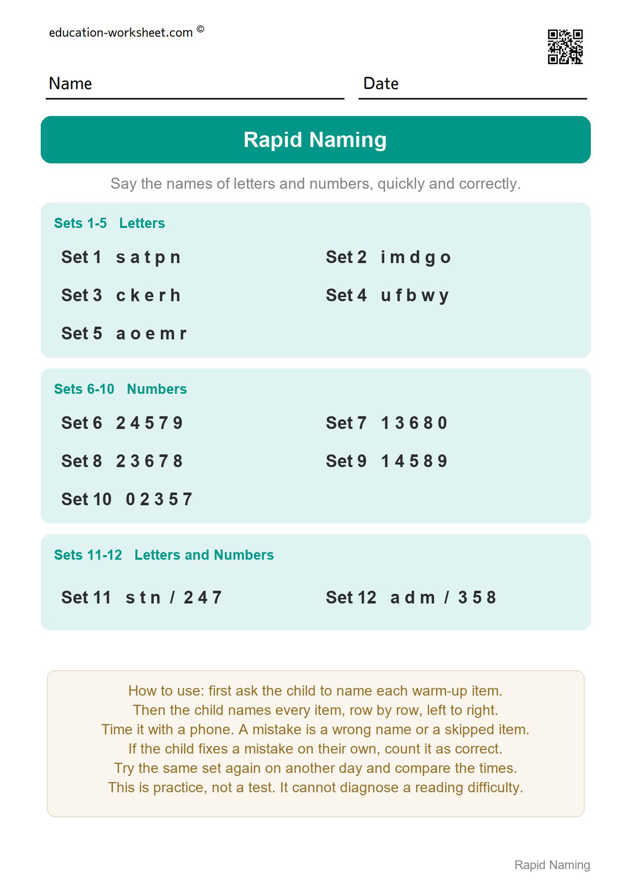 Start Here – How the 12 Sets Are Arranged - Free Rapid Automatic Naming Worksheets – RAN Letters and Numbers