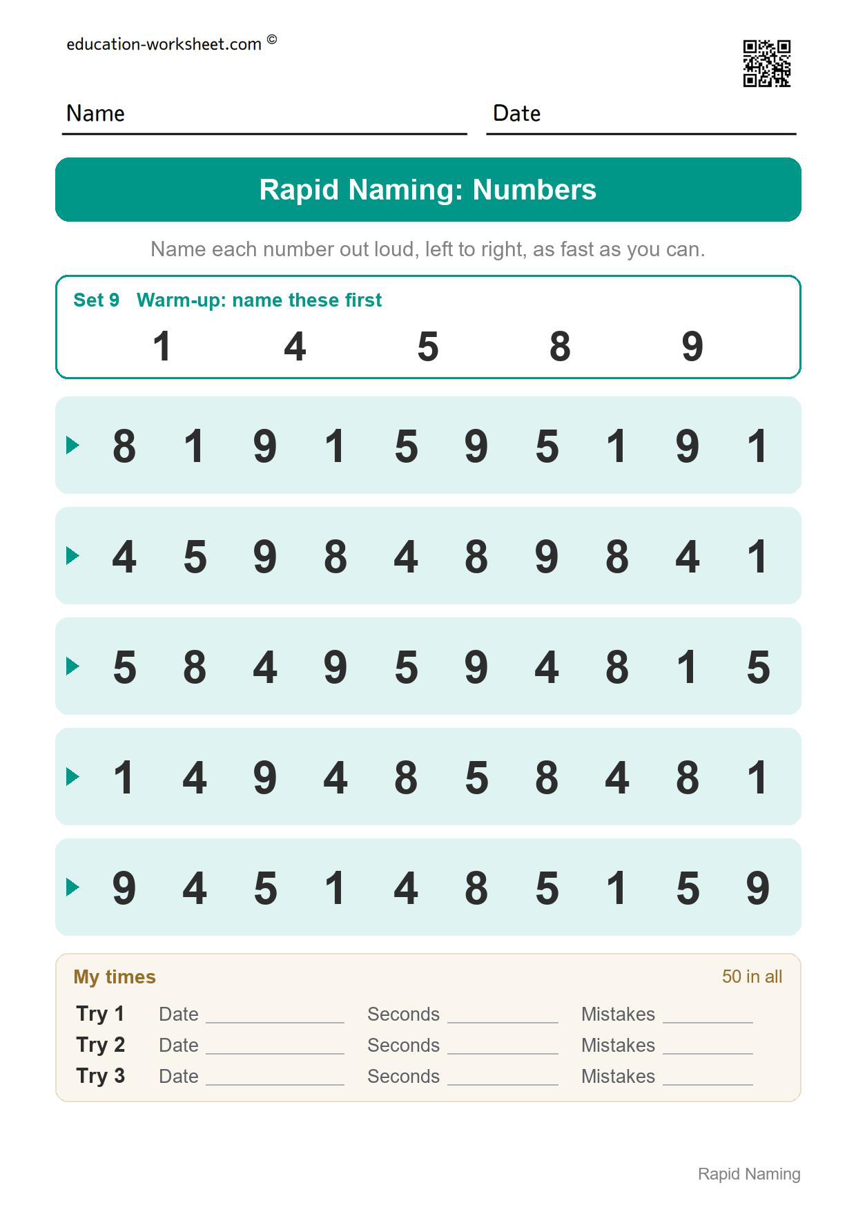 Rapid naming worksheet set 9 with the numbers 1, 4, 5, 8 and 9 in five rows of ten