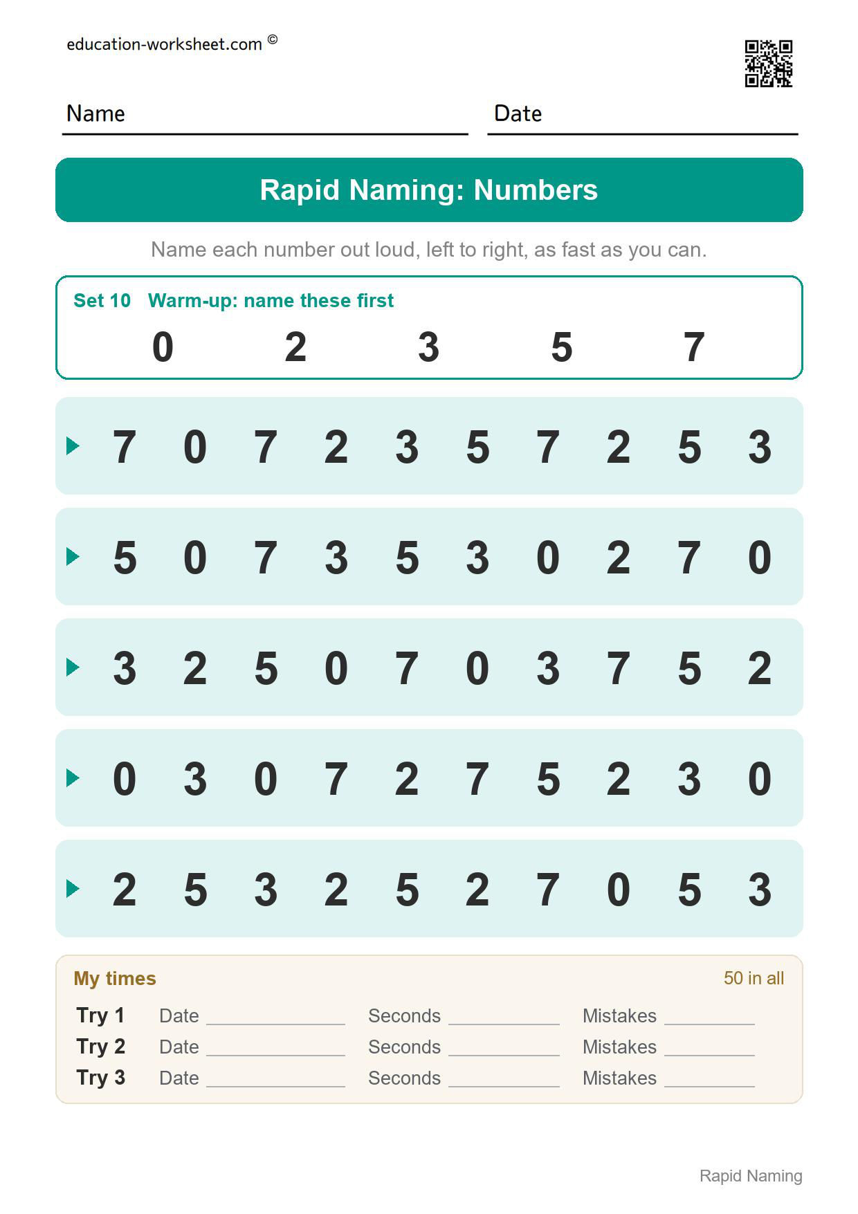 Rapid naming worksheet set 10 with the numbers 0, 2, 3, 5 and 7 in five rows of ten