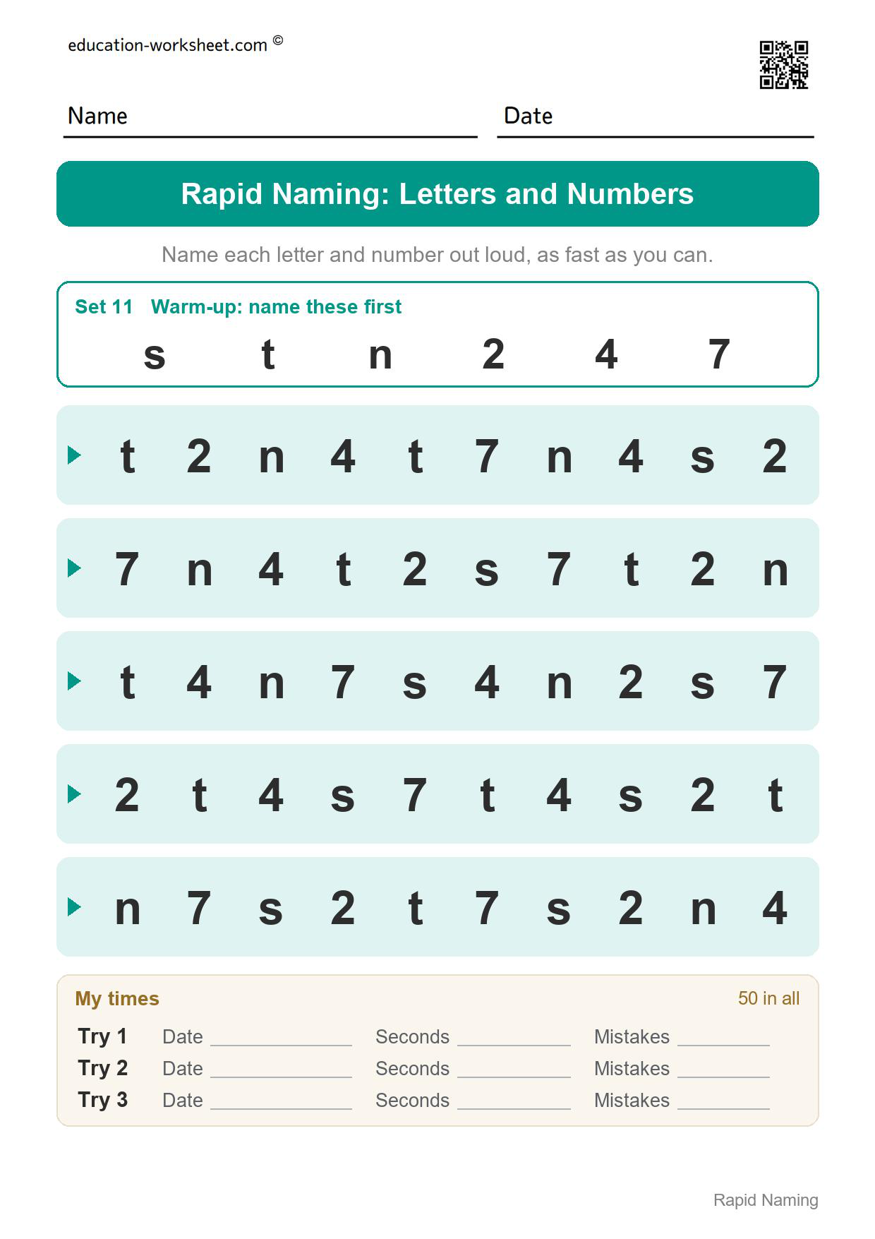 Rapid naming worksheet set 11 alternating the letters s, t and n with the numbers 2, 4 and 7