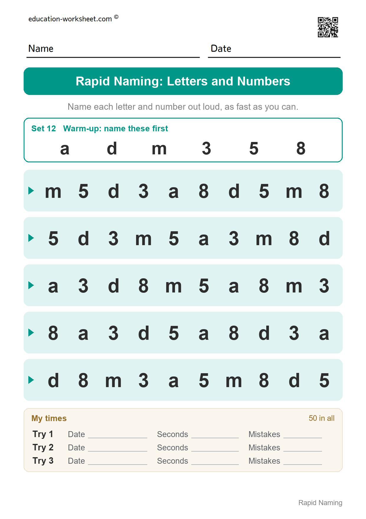Rapid naming worksheet set 12 alternating the letters a, d and m with the numbers 3, 5 and 8