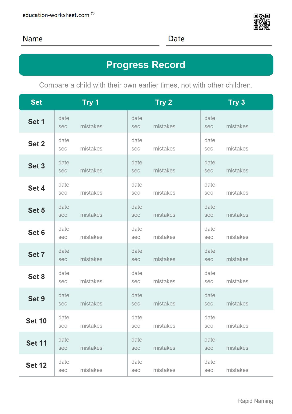Rapid naming progress record sheet with a row for each of the 12 sets and space for date, seconds and mistakes on three tries
