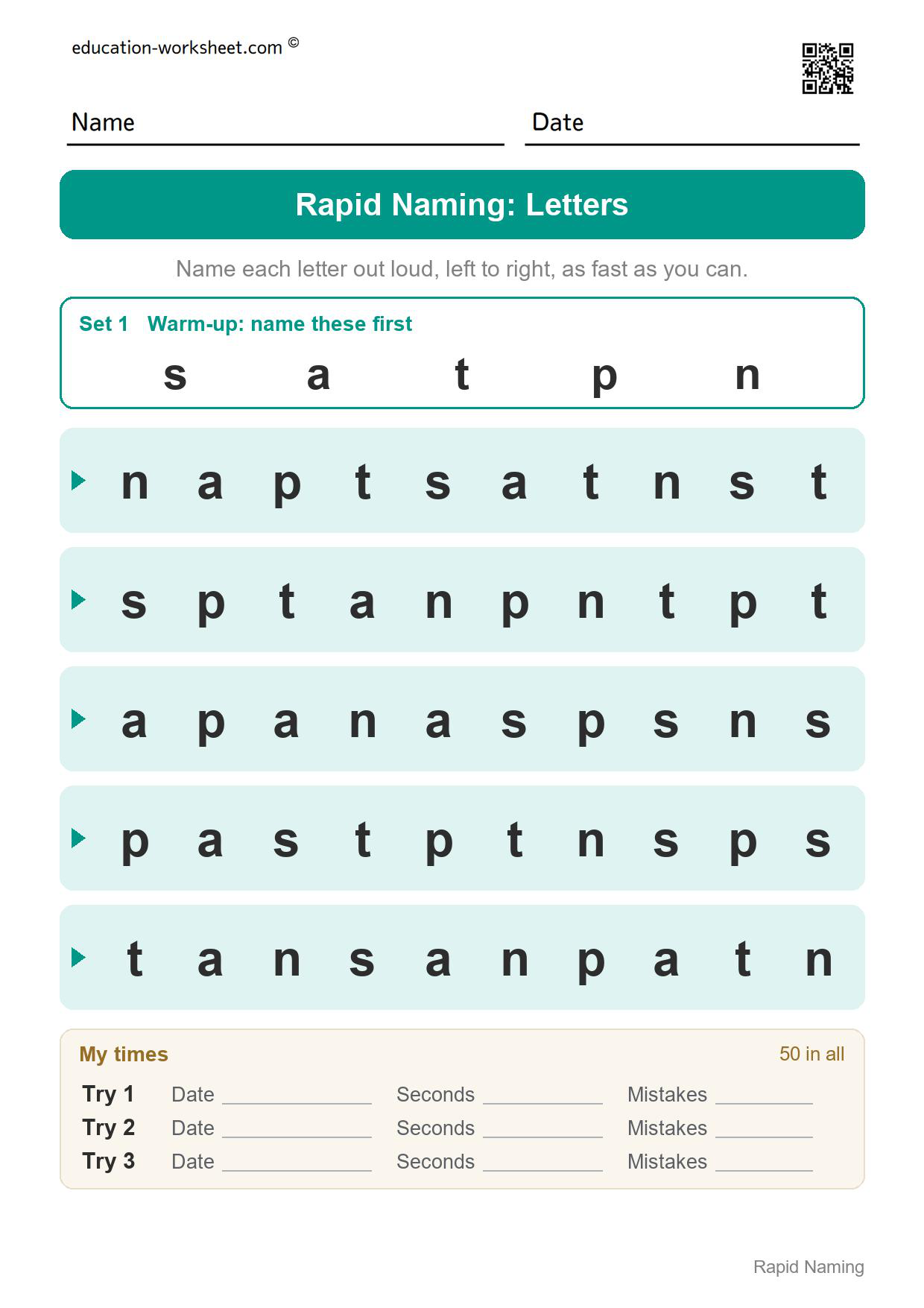 Rapid naming worksheet set 1 with the lowercase letters s, a, t, p and n repeated in five rows of ten
