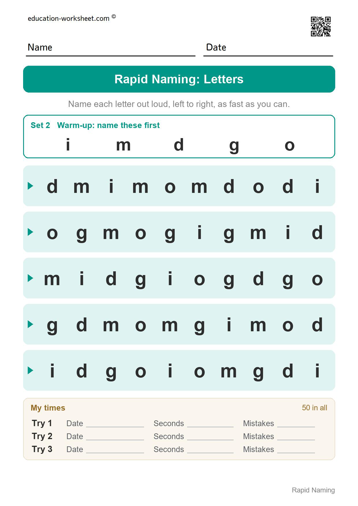 Rapid naming worksheet set 2 with the lowercase letters i, m, d, g and o in five rows of ten