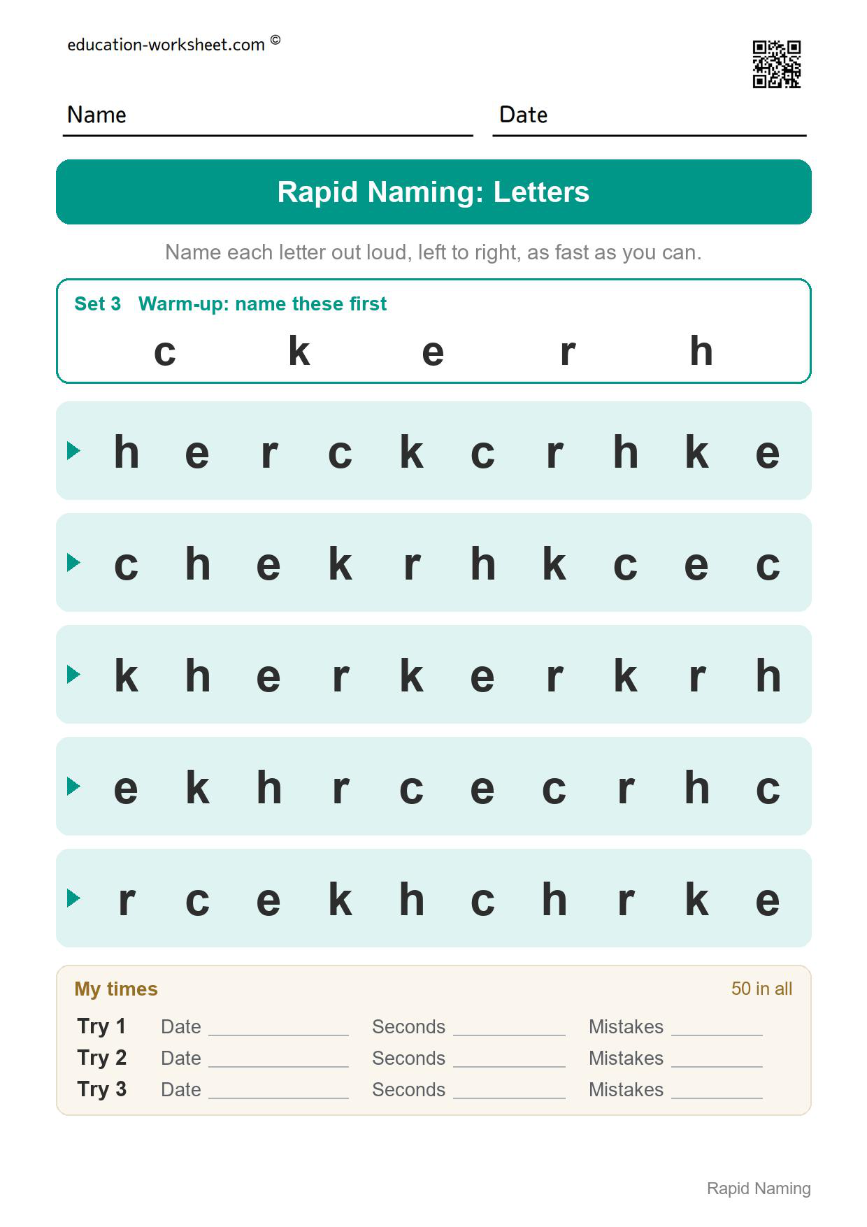 Rapid naming worksheet set 3 with the lowercase letters c, k, e, r and h in five rows of ten