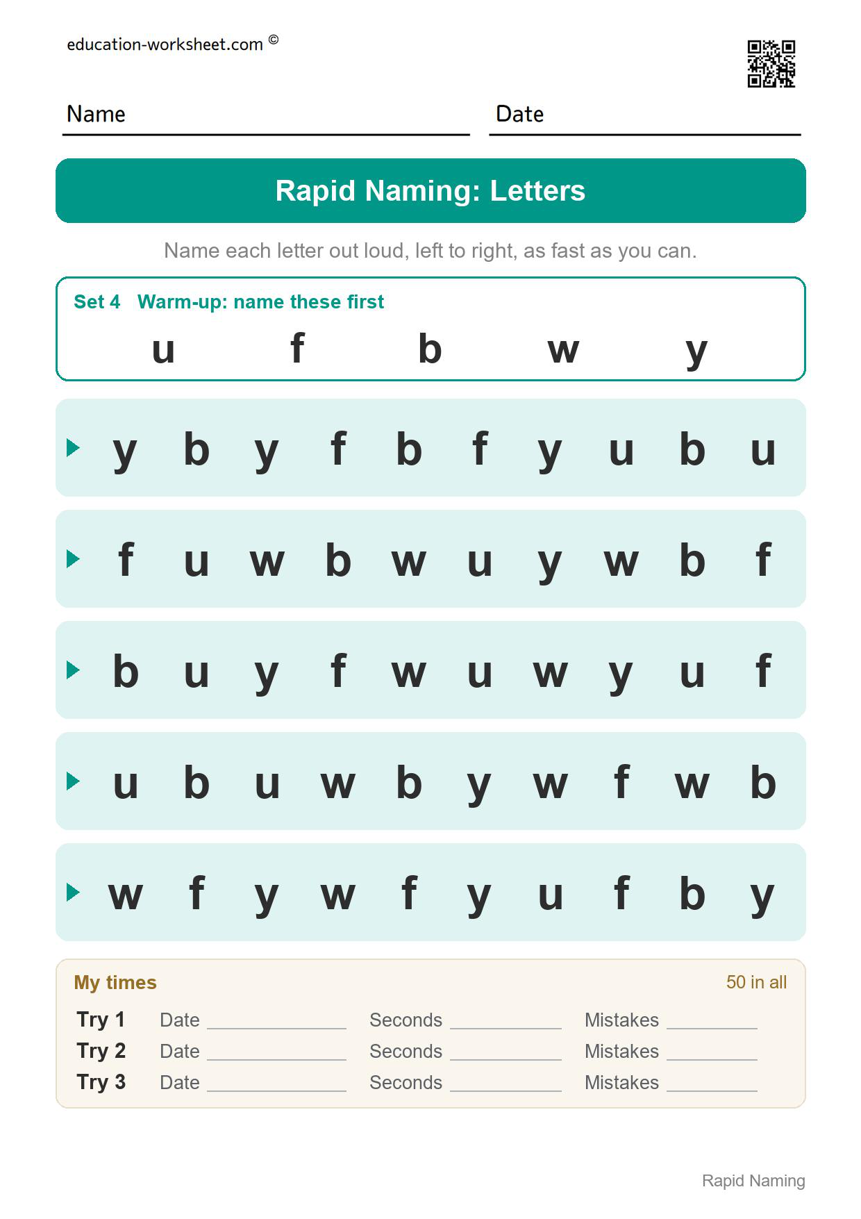 Rapid naming worksheet set 4 with the lowercase letters u, f, b, w and y in five rows of ten
