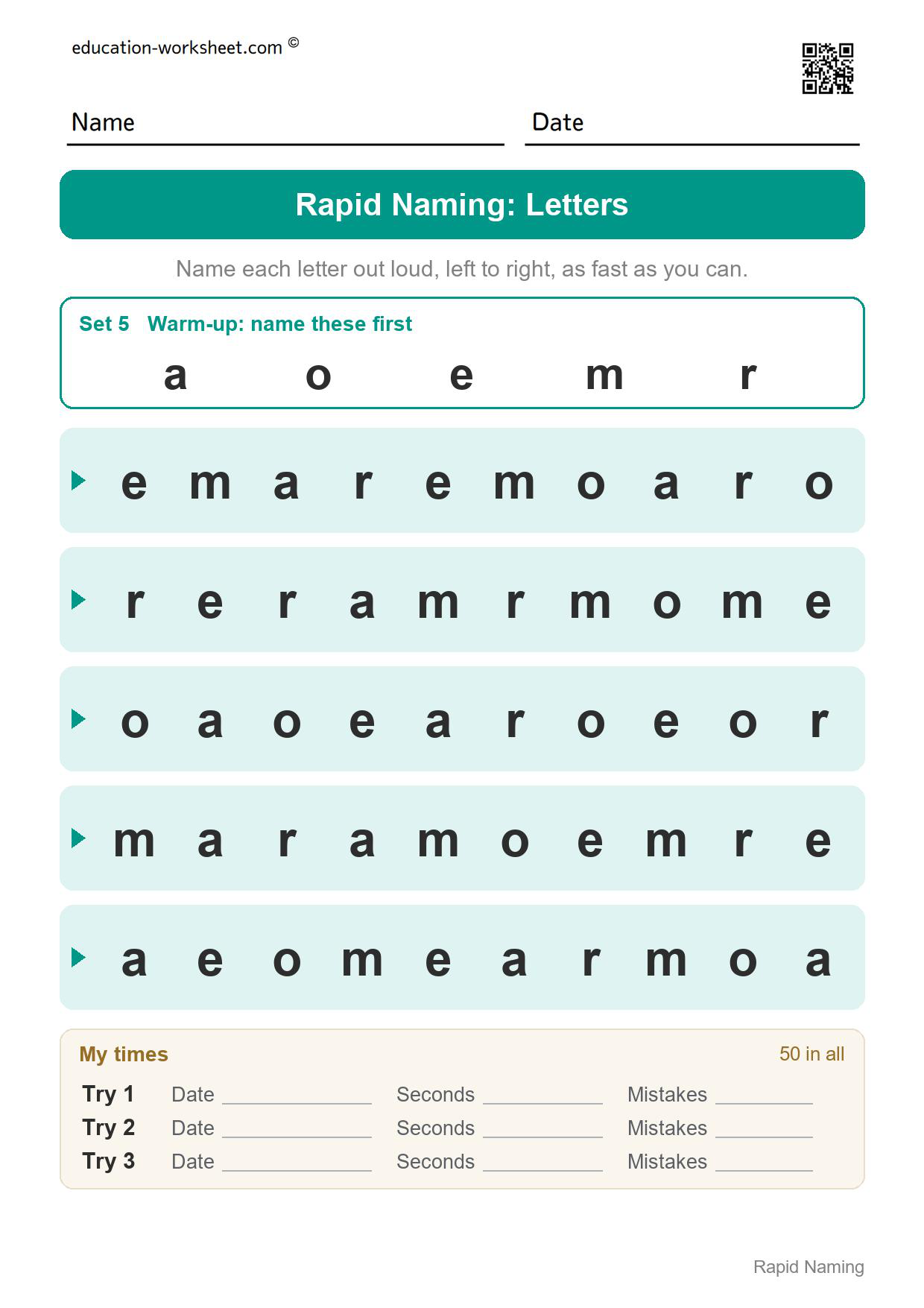 Rapid naming worksheet set 5 with the lowercase letters a, o, e, m and r in five rows of ten