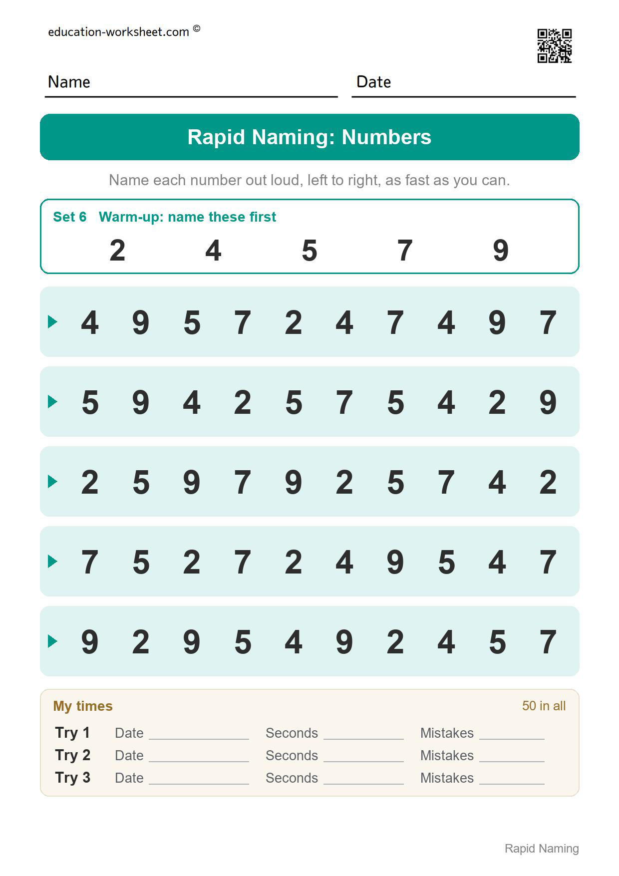 Rapid naming worksheet set 6 with the numbers 2, 4, 5, 7 and 9 in five rows of ten