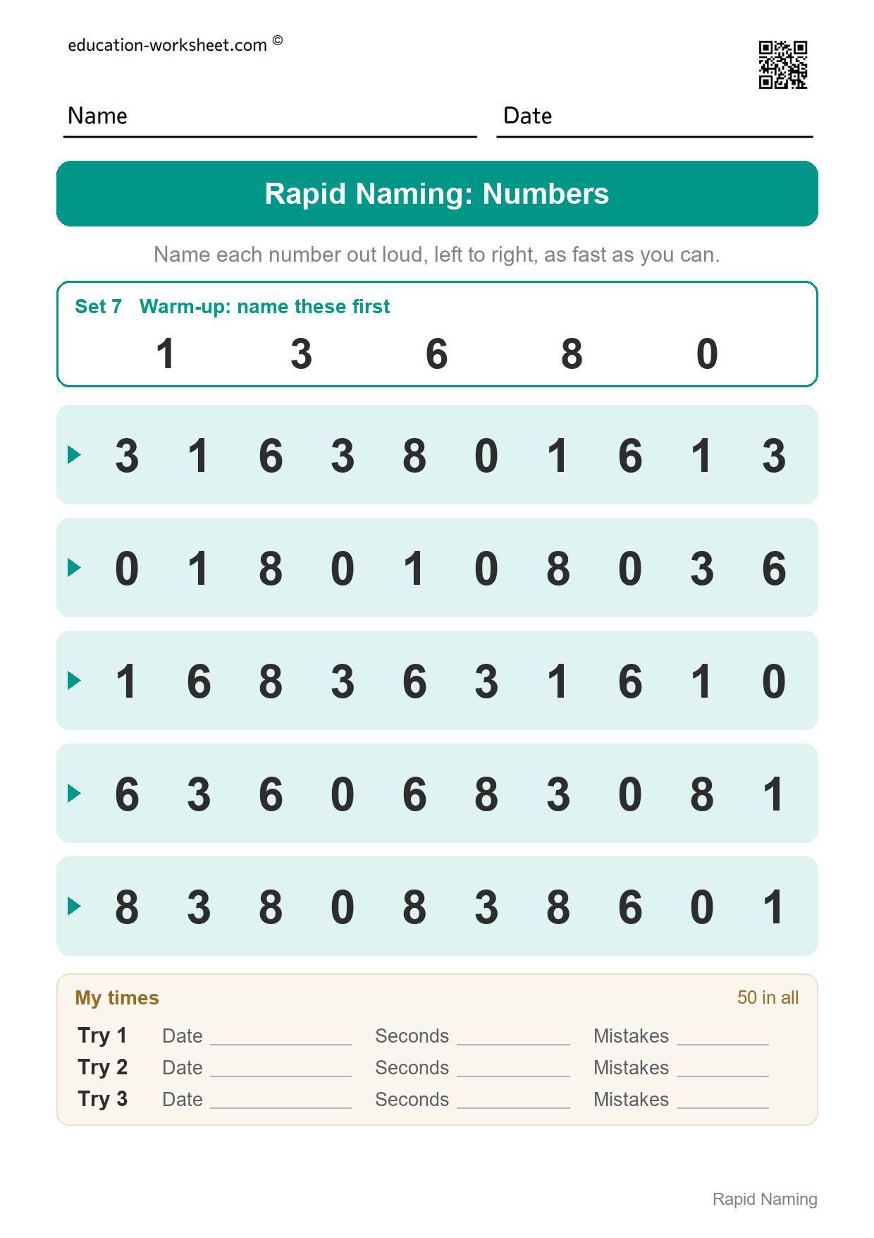 Rapid naming worksheet set 7 with the numbers 1, 3, 6, 8 and 0 in five rows of ten