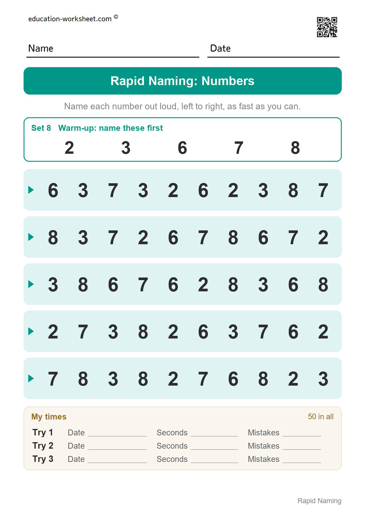 Rapid naming worksheet set 8 with the numbers 2, 3, 6, 7 and 8 in five rows of ten